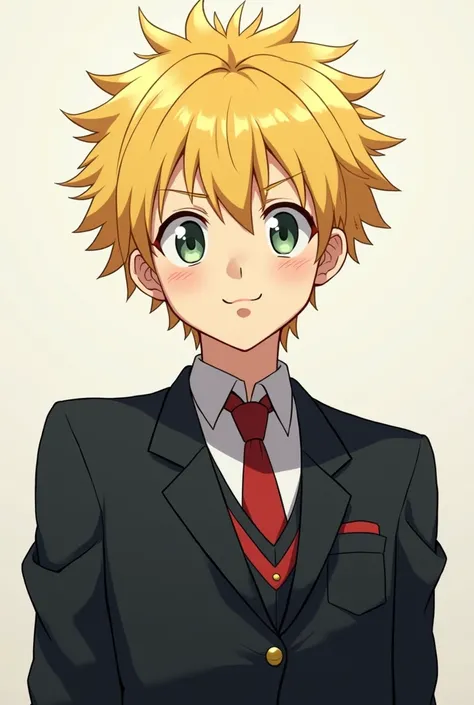 In the same way, a blonde-haired Japanese guy with fun features wears black high school clothes in an anime style 