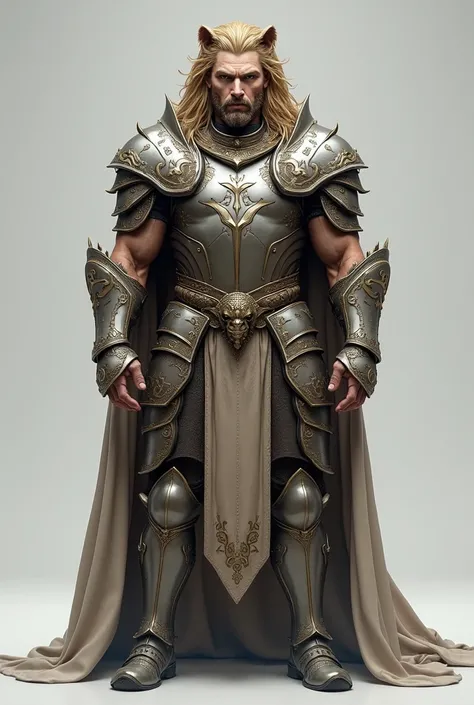 Realistic man, wearing lion armor based on the knights of the zodiac, full body image and light gray background