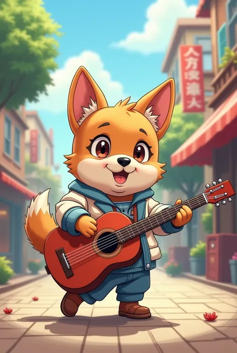 Anime picture ,  dog playing guitar