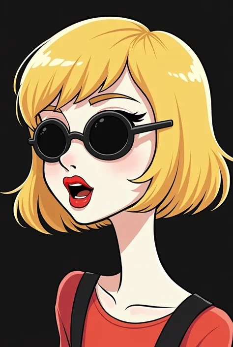 Cartoon style art "regular show"  style cartoon art with dark colors and high contrast,  plain background, White woman with blond hair but black hair root, short bangs, rounded glasses , red lipstick  