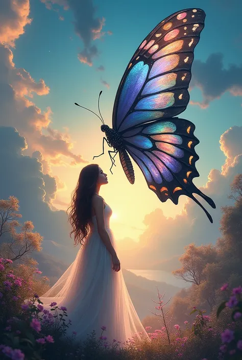 Beautiful image of a massive butterfly and brunette woman