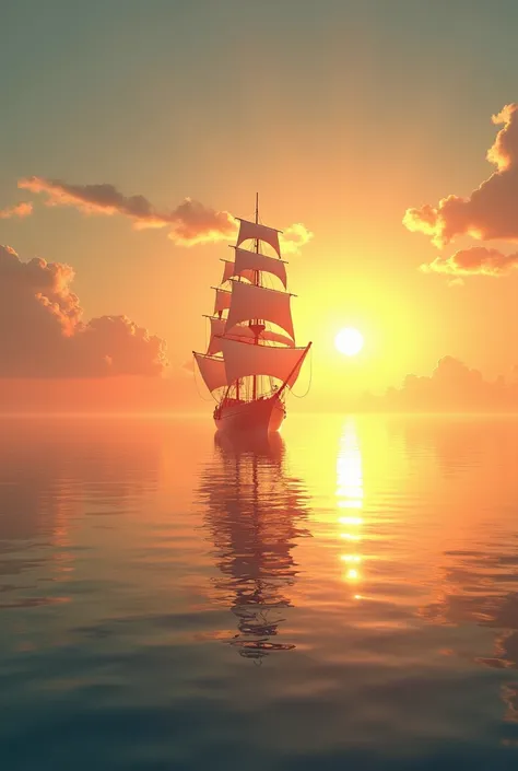  floating in the sunset、sea、Silhouette of a ship with white sails in the distance 、 imaginary、Mysterious