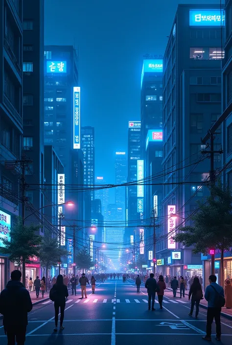 South Korea city at night illuminated blue 