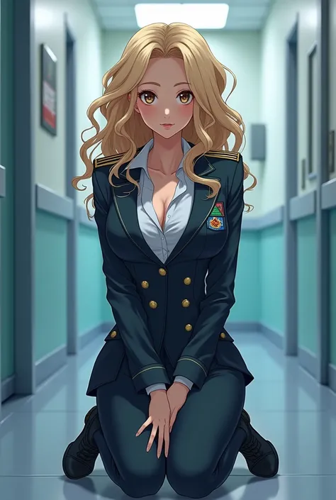 Beautiful blonde girl curly hair firm breasts slim fitt eyes coffee slim fitt military kneeling anime boyfriend doctor