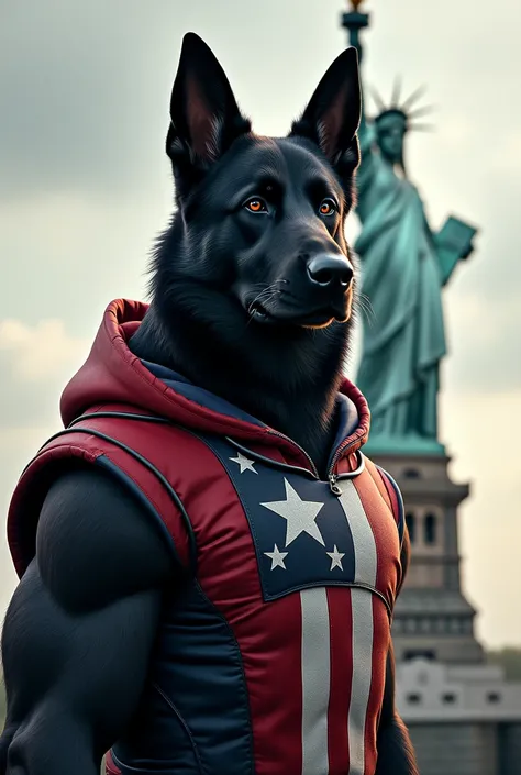 A black German Shepherd,  Ultra realistic, with an outfit in the colors of the United States flag, Looking at the Statue of Liberty. 