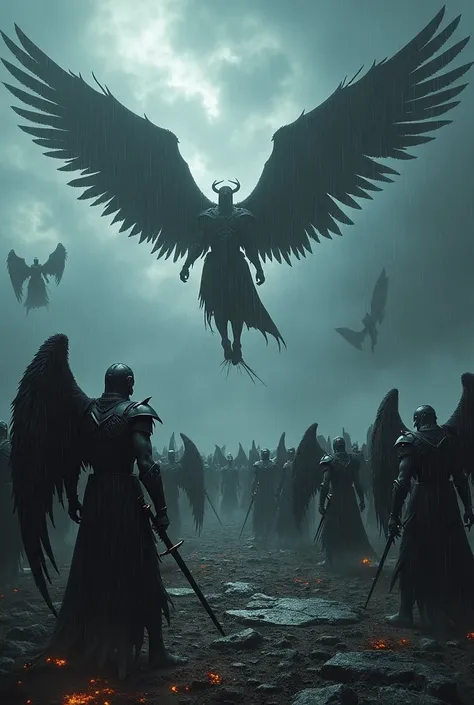 Skies are dark and wet, rain with storms fight between fallen angels with swords and archangels muscle warriors with swords defending the heaven on battlefield 
Fallen angels warriors are on the ground on battlefield defeated after they fighted with archan...