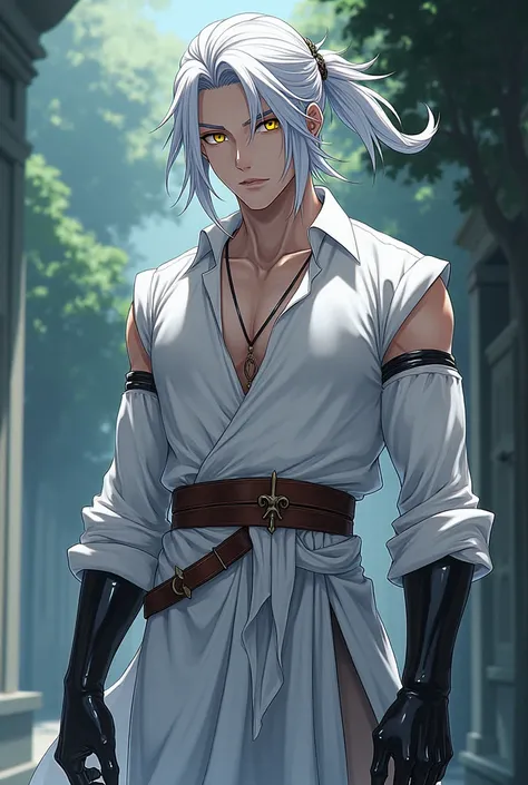  Draw for me a man , A vampire in an anime version , He has slightly tied white hair logos ,  he has slightly GRAYISH colored skin, Greek clothes mixed with white clothes, He has a muscular body and yellow eyes , has black veins coming out of his wrists 