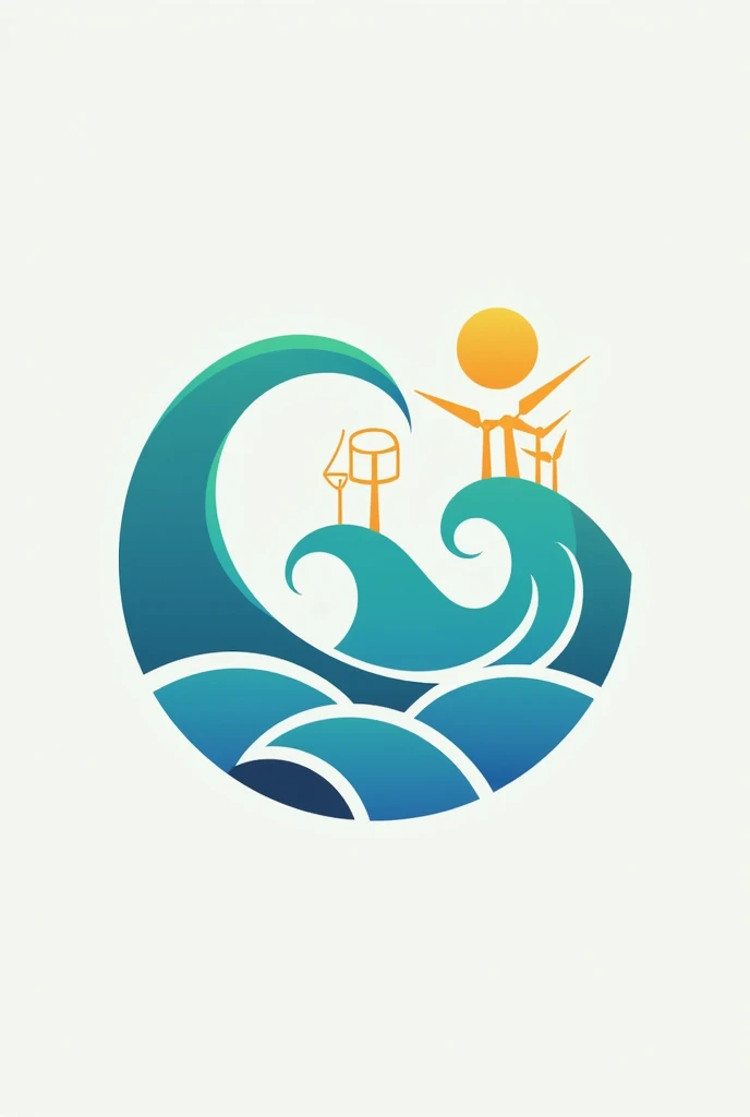  I want to create a circular logo that has three waves of the sea inside and that says MARES and that outside, On the surface, I have a wind turbine ,  a cubic structure centered on the body and a sustainability sheet 