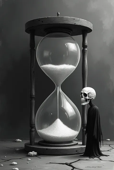 " A drawing with a flat style and simple but with a dark and dark atmosphere .  The scene shows an empty hourglass ,  with visible cracks that symbolize time running out . At your side,  is the profile figure of a spectral entity , with a skeletal face ,  ...