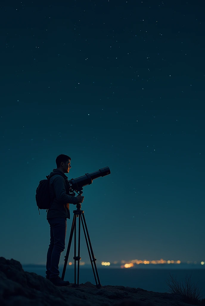  A person observing the sky with a telescope while, On the horizon, you can see a faint light that disappears between the stars .