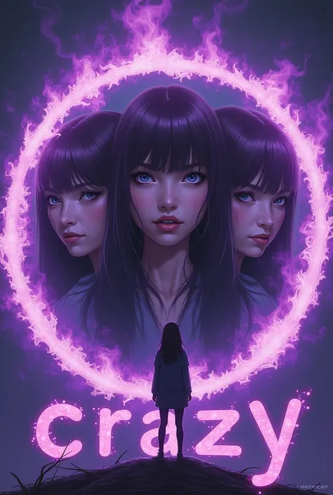 A burning purple , inside the circle, three girls stand with their faces and an inscription  "Crazy"