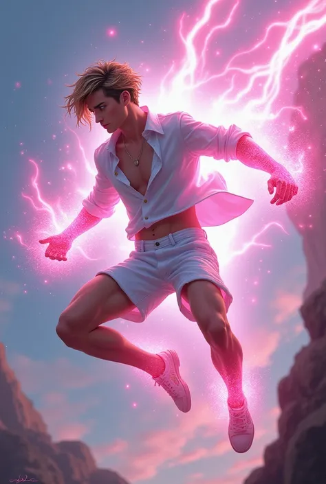 crie um heroi,  with short white shorts and white shirt,  brunette with blond hair , blue eyes, And magic in pink , he is flying