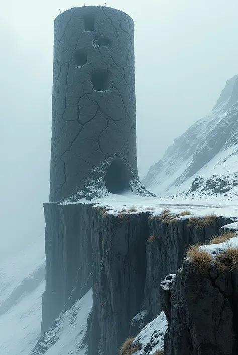 A large cylindrical obsidian tower in ruins filled with openings on a cliff covered by a layer of snow and some green grass