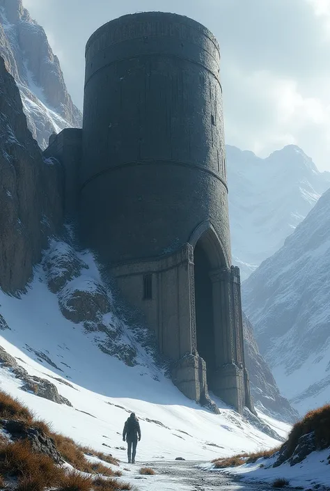 A large cylindrical obsidian tower in ruins full of broken glass windows on a cliff covered by a layer of snow and some green grass