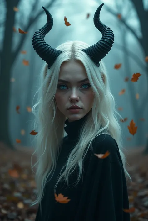 (photorealism:1.2), beautiful woman, platinum blonde hair, blue cat eyes, Fall, Anime, Horns, dark.