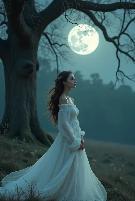 Beautiful girl stare full moon under the big tree white dress 
