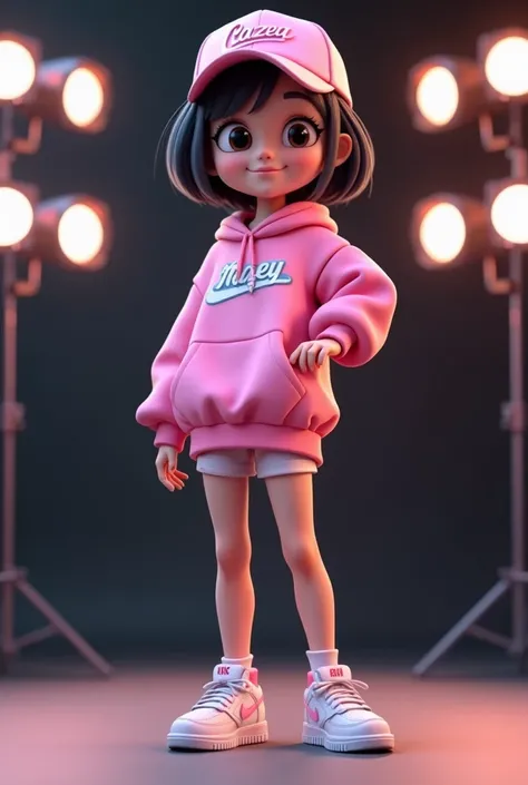 This is a 3D rendering of a stylized female anime character. She has large eyes, black short hair, and is wearing a pink sweatshirt with "macey" written on it and a pink baseball cap with "cazeA" on it. And white shoes Nike logo And she smile.. The backgro...