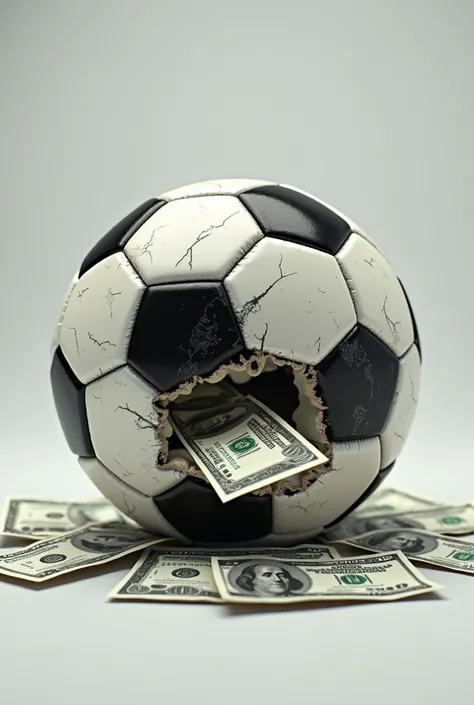 I want a soccer ball that is tearing and that has money bills inside 