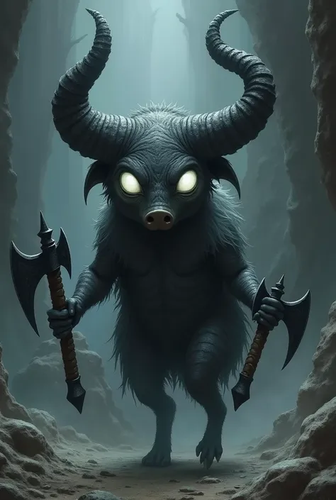  mythological being that looks like a piglin from Minecraft with two obsidian axes with white eyes,  that has horns on its face but not on its head .  AND that it is in the underworld . LET IT BE AN EPIC DRAWING , AND MAY SHE LIVE IN HELL