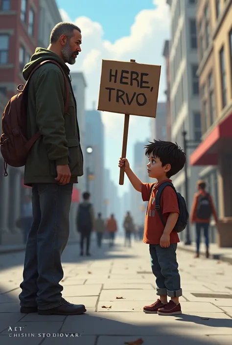 A boy watching from afar at an adult who is standing on the street with a sign in his hands 