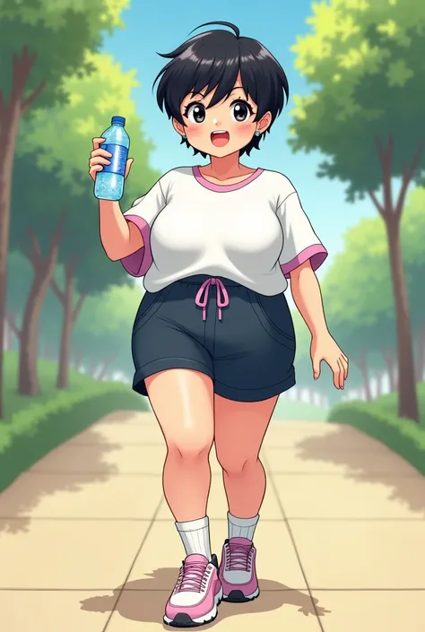 a chubby woman, With Pixie hair , black color,  with big eyes and a cheerful expression .  She wears sportswear Oversize t-shirt, short biker ,  wears high socks sneakers ,  Commerce style , In his hand,  she has a bottle of water in the background ,  you ...