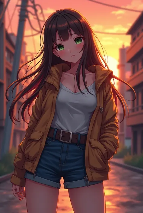 (Masterpiece, 4K resolution, Anime, highly detailed), (Anime chubby woman, charismatic, very pretty), [((23 years old), (long brown hair:1.2), half body up, (Green eyes:1.2), ((gritty urban environment):0.8)| (urban landscape, sunset, dynamic lights), (cut...