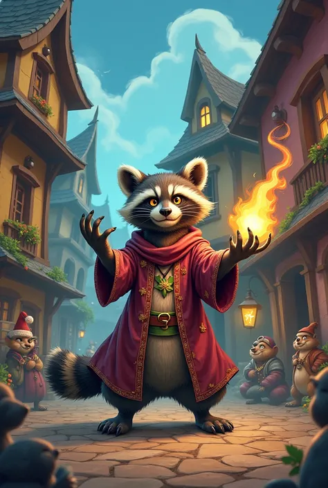 Create me a wizard raccoon casting a magic spell on the inhabitants of the town in a cartoon style