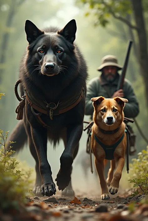 A large Brazilian sniffer dog riding ,  riding a hunter with hunting clothes and a shotgun ,  next to the dog another bipedal Pincher dog with hunting clothes and like the hunters squire 