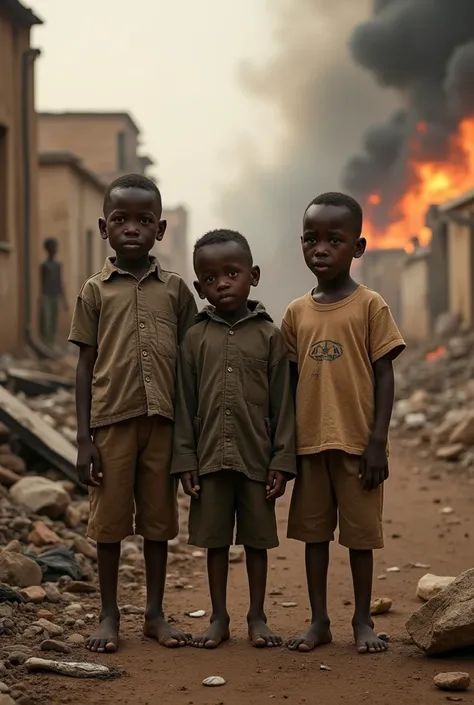 a sudanese boy standing with his two friends crying in front of a war zone that is on fire with their feet fully shown in the picture
