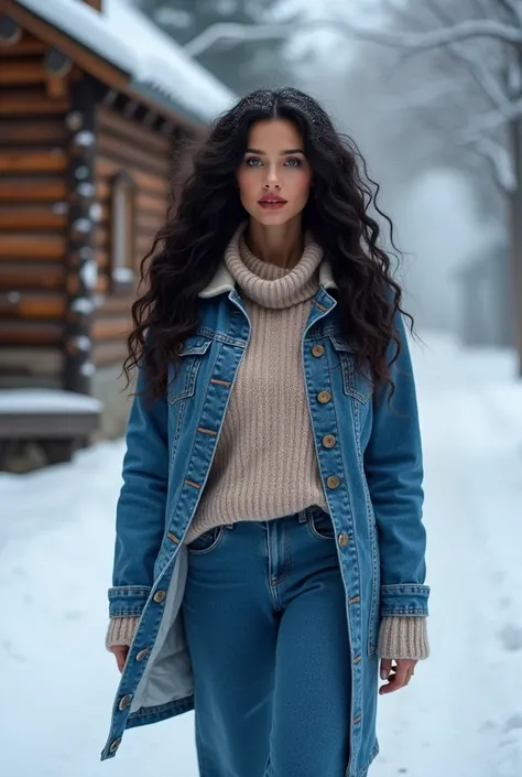  Young beautiful woman , european type ,  black long curly hair ,  bright blue shining eyes ,  fiery red full lips ,  naturally made up ,  big solid boobs ,  tanned skin ,  slim figure ,  big tight round ass ,  dressed in a long knitted pullover ,  on the ...