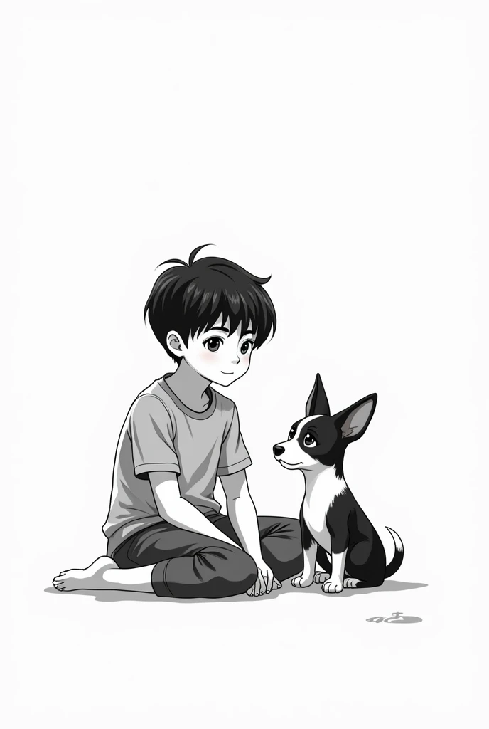 Image of a seven-year-old boy  , straight black hair , sitting,  with a small black and white dog, Ears standing up. Very realistic black and white. in lines