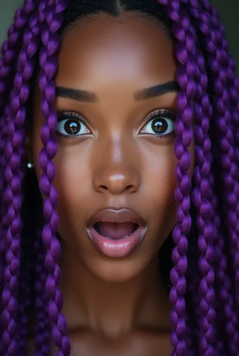 Photo of a womans face,  she is surprised , purple braids