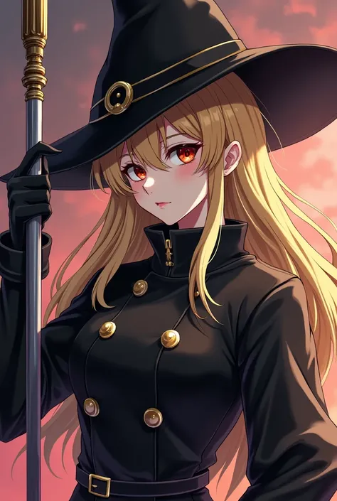 Blonde woman,  black Gennerals outfit with hat.  metal benevolent ability ,  which is very prominent and her weapon is a long metal rod with a flag on it. Anime style.  Her gaze is purposeful , Diabolic and evil 

