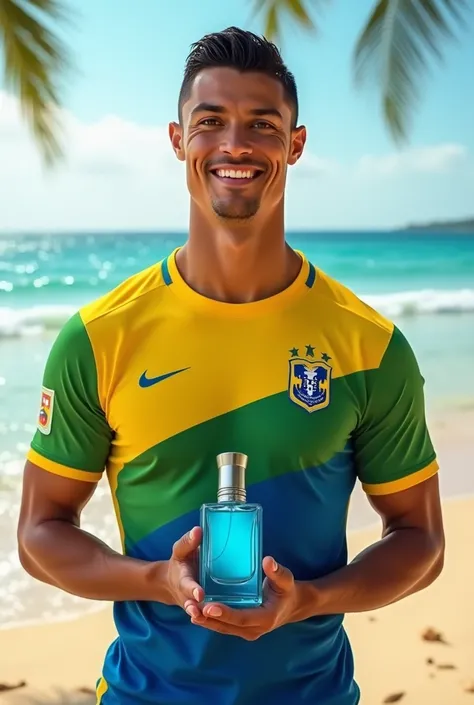 Cristiano Ronaldo wearing a sports t-shirt from Brazil smiling against a beach background holding blue perfume in his hands 