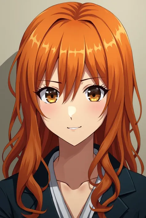 Ichigo Kurosaki, 1.81, orange hair, 
 brown eyes (female and adult version)