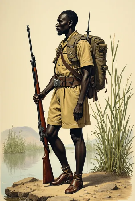  Drawing of a black Askari soldier .  Wearing a short beige uniform by Schutz. He is standing with a rifle .. military boots.  The ground is a swamp with bamboos in the background .  He carries around his chest girdle with rifle bullets . 19th century. Ger...