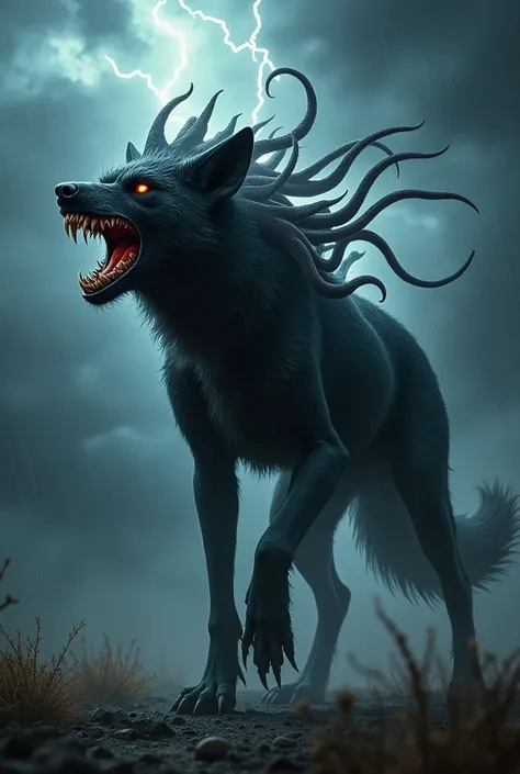 Mutant Black Jackal hybrid with an anemones head angry and roaring in a storm at night