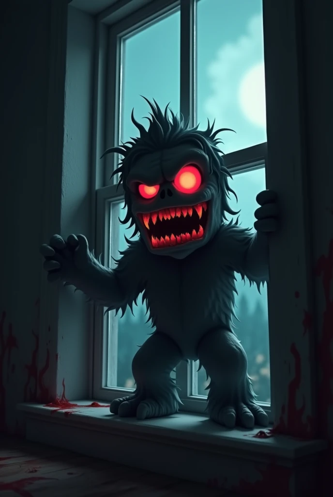 Make a scary monster with bloody teeth lurking from the window in roblox style