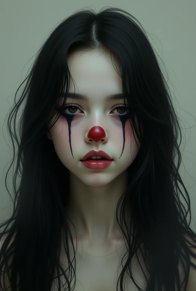  Long-haired black-haired teenager with simple sad clown makeup 