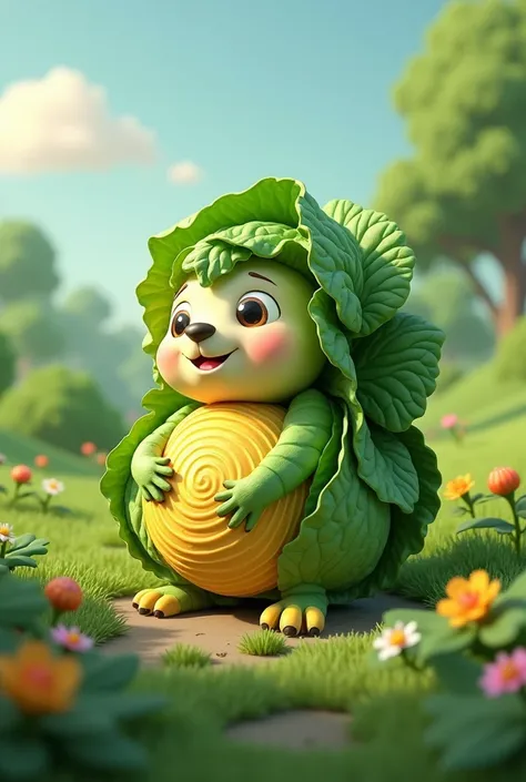 Unique 3D rendering of marmot-shaped cabbage slices  ,  made entirely of lush cabbage fruits Its cute and bright appearance ,  with very detailed and intricate slices .  The background shows a lush cabbage field meadow . Conceptual artwork ,  features a ch...