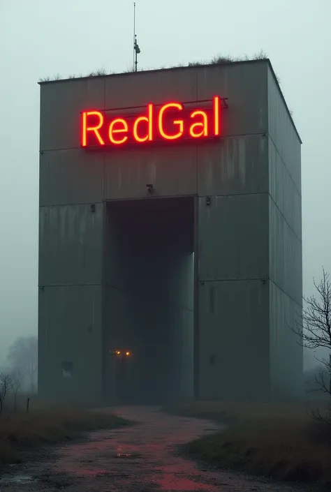  a large structure , closed and square with a large sign written REDGOAL
