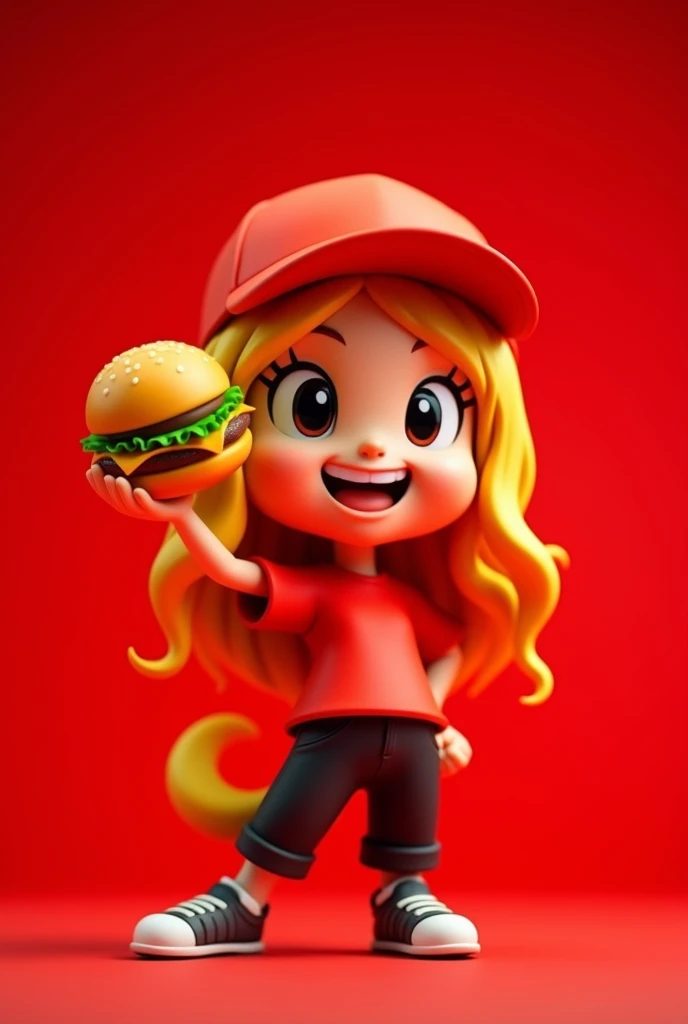 Action figure Chibi female character,blonde long hair,red cap,read shirt,black long pants,holding up burger with arm arm,smiling,red background