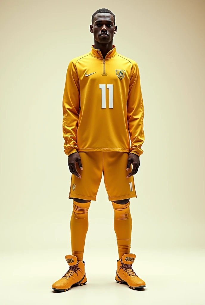 A player wearing gold clothes a designer boot with number 11 on the chorte and jersey