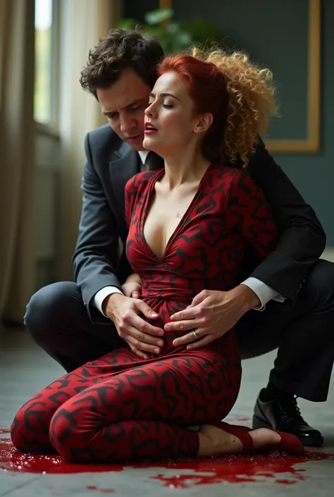 Athletic Woman, panicked, in pain, arching her back, curly updo, dark red hair, blonde highlights, tight half sleeve red and black geometric pattern maxi wrap dress, matching red strappy sandal heels, shot in stomach, choking on blood, pain, gasping, sitti...