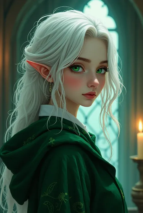 a young woman, slytherin student, pale skin, green eyes, white messy hair, mole under right eye, anime style