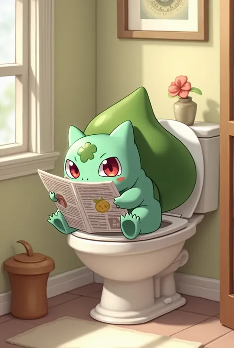 Cute Ivysaur,  sitting on the toilet, open lid, reading newspaper