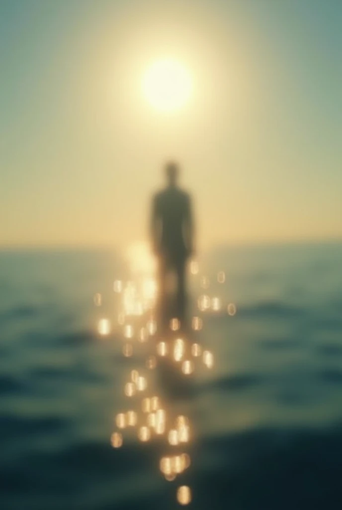  A blurry silhouette of someone standing in the water, with the sun reflecting 