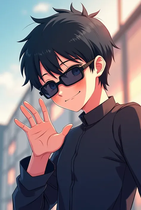 Image of a young cartoon anime style man with black hair and black clothes with sunglasses saying hi with his hand