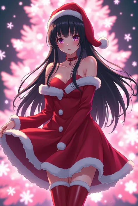 Rei Hino sexy beautiful adult anime woman smiling purple eyes long black hair loose red and white Santa Claus Christmas dress with red Christmas hat red boots red,   white snowflakes full body looking head-on standing anime style, In the background a beaut...