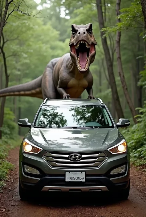  generate an astonished image of a 2014 Hyundai Santa Fé in the Atlantic Forest at the time of the dinosaurs, Tyrannosaurus rex appearing in the background  , the license plate with the name THALISSONCAR 